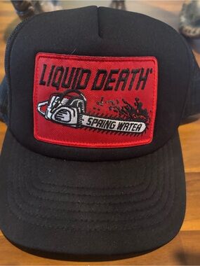 Liquid Death Black Trucker Hat with Red Patch